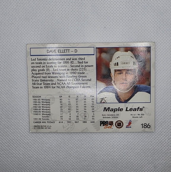 NHL 1992-93 Dave Ellett Toronto Maple Leafs #186 Pro Set Hockey Card - Picture 4 of 5